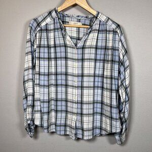 LOFT Blue Plaid Tunic Blouse Balloon Sleeve Ruffle Collared Women's Size M
